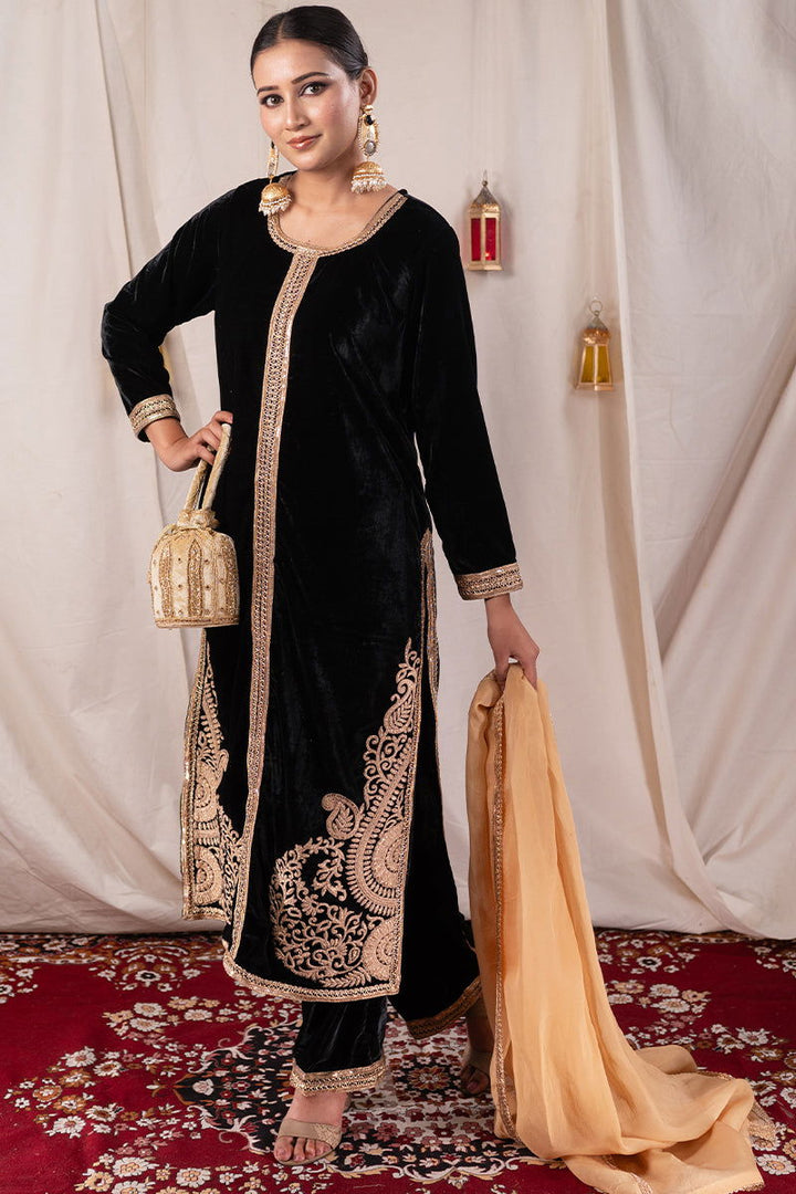 Black Velvet Long Embroidered Kurta Suit with Matching Wide Leg Pants and Dupatta - Mayrake - 