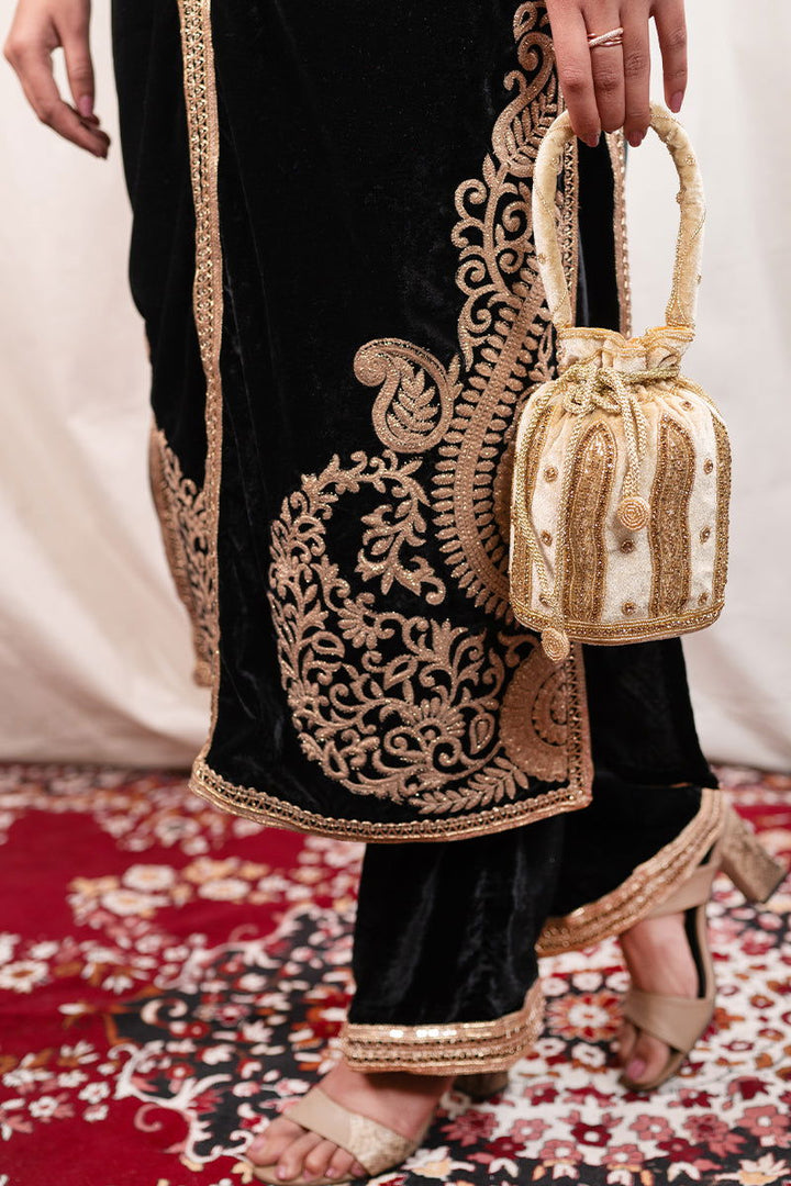 Black Velvet Long Embroidered Kurta Suit with Matching Wide Leg Pants and Dupatta - Mayrake - 
