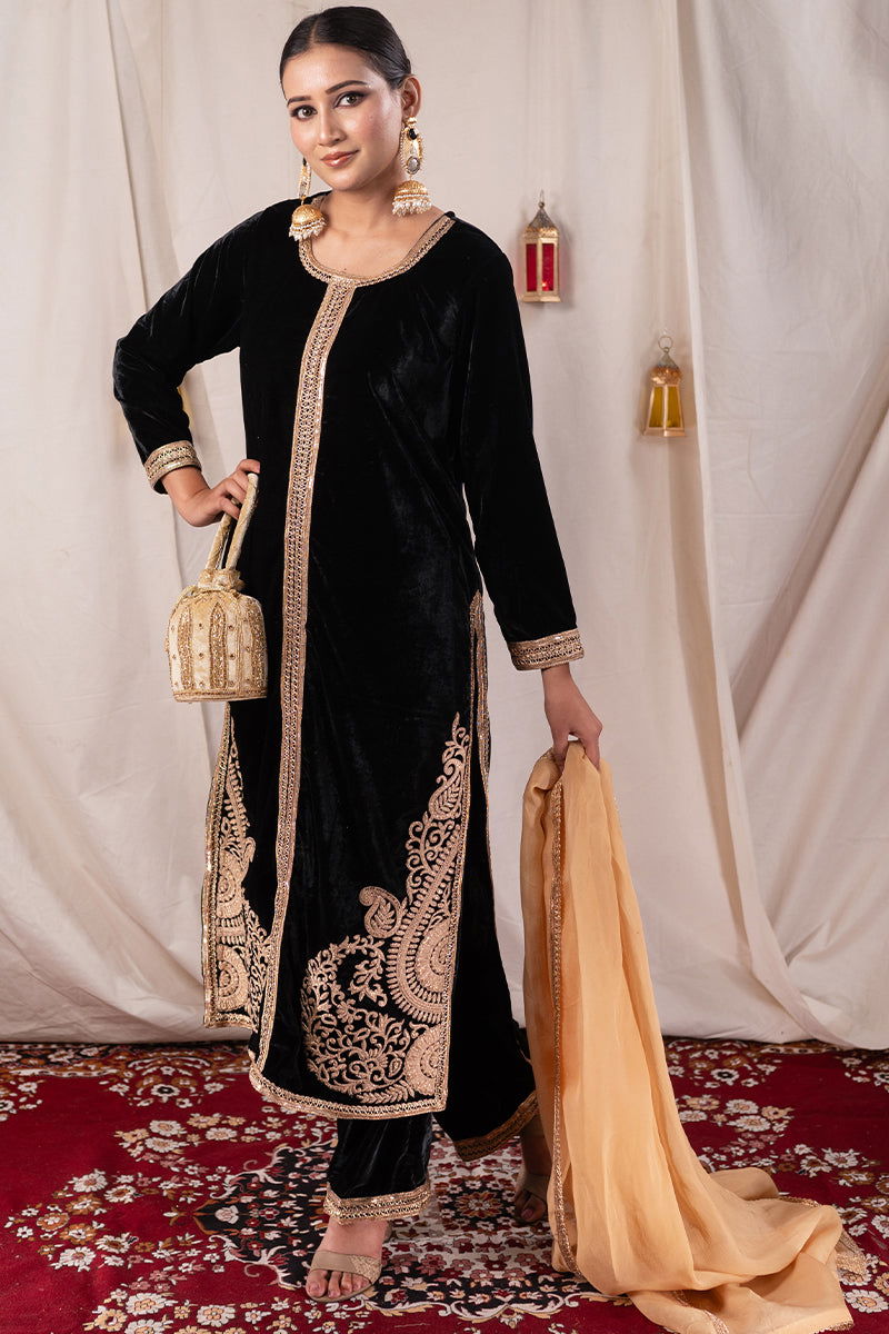 Black Velvet Long Embroidered Suit - Mayrake.in