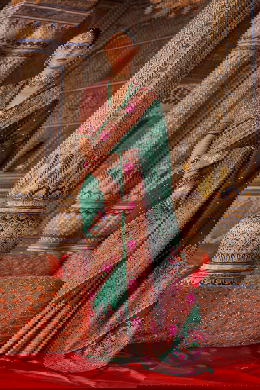 Bottle Green Raw Silk Saree with Heritage Prints - Mayrake.in