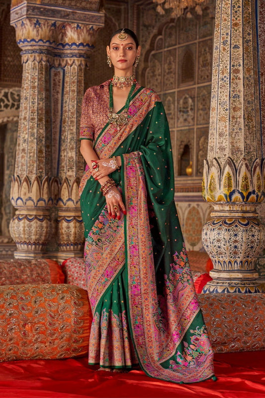 Bottle Green Raw Silk Saree with Heritage Prints - Mayrake.in