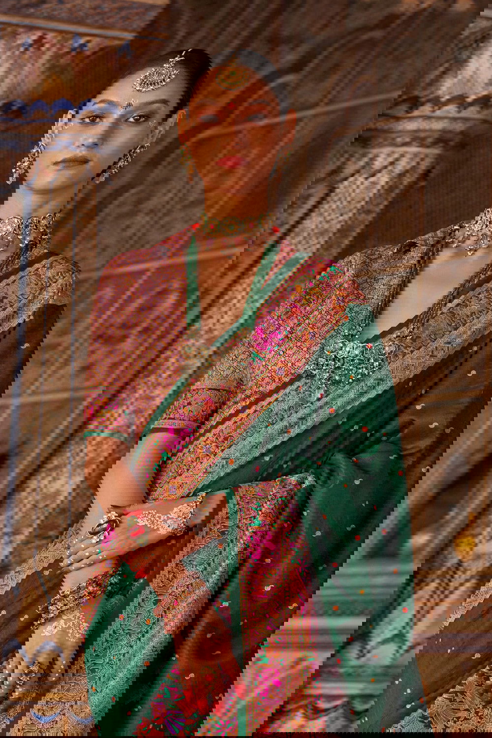 Bottle Green Raw Silk Saree with Heritage Prints - Mayrake.in