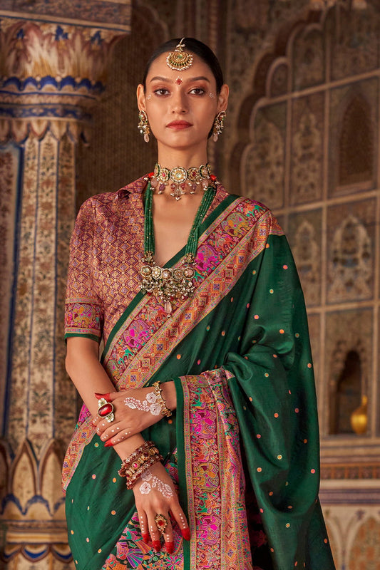 Bottle Green Raw Silk Saree with Heritage Prints - Mayrake.in