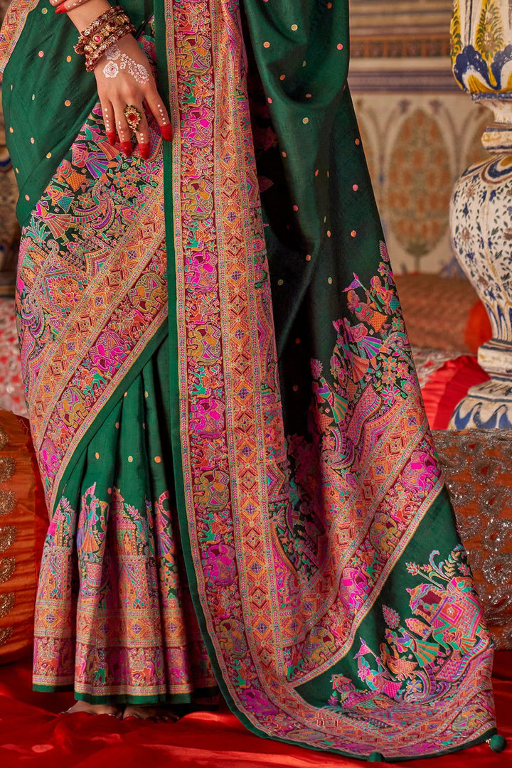 Bottle Green Raw Silk Saree with Heritage Prints - Mayrake.in