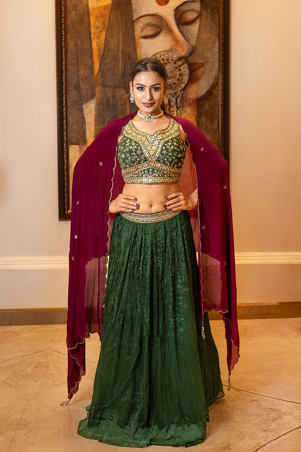 Bottle Green Skirt with Zardosi Crop Top and Contrast Purple Dupatta - Mayrake - 