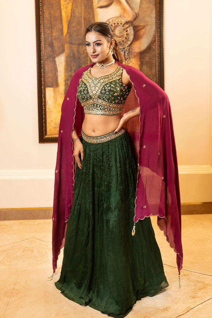 Bottle Green Skirt with Zardosi Crop Top and Contrast Purple Dupatta - Mayrake - 