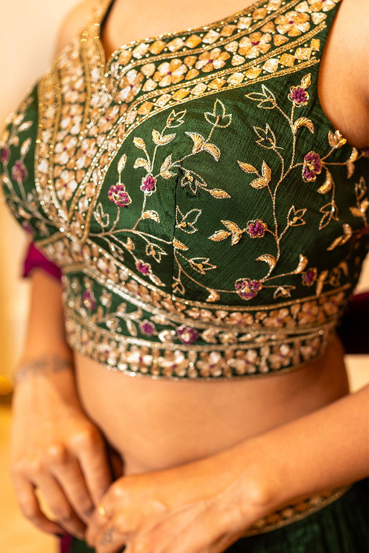 Bottle Green Skirt with Zardosi Crop Top and Contrast Purple Dupatta - Mayrake - 
