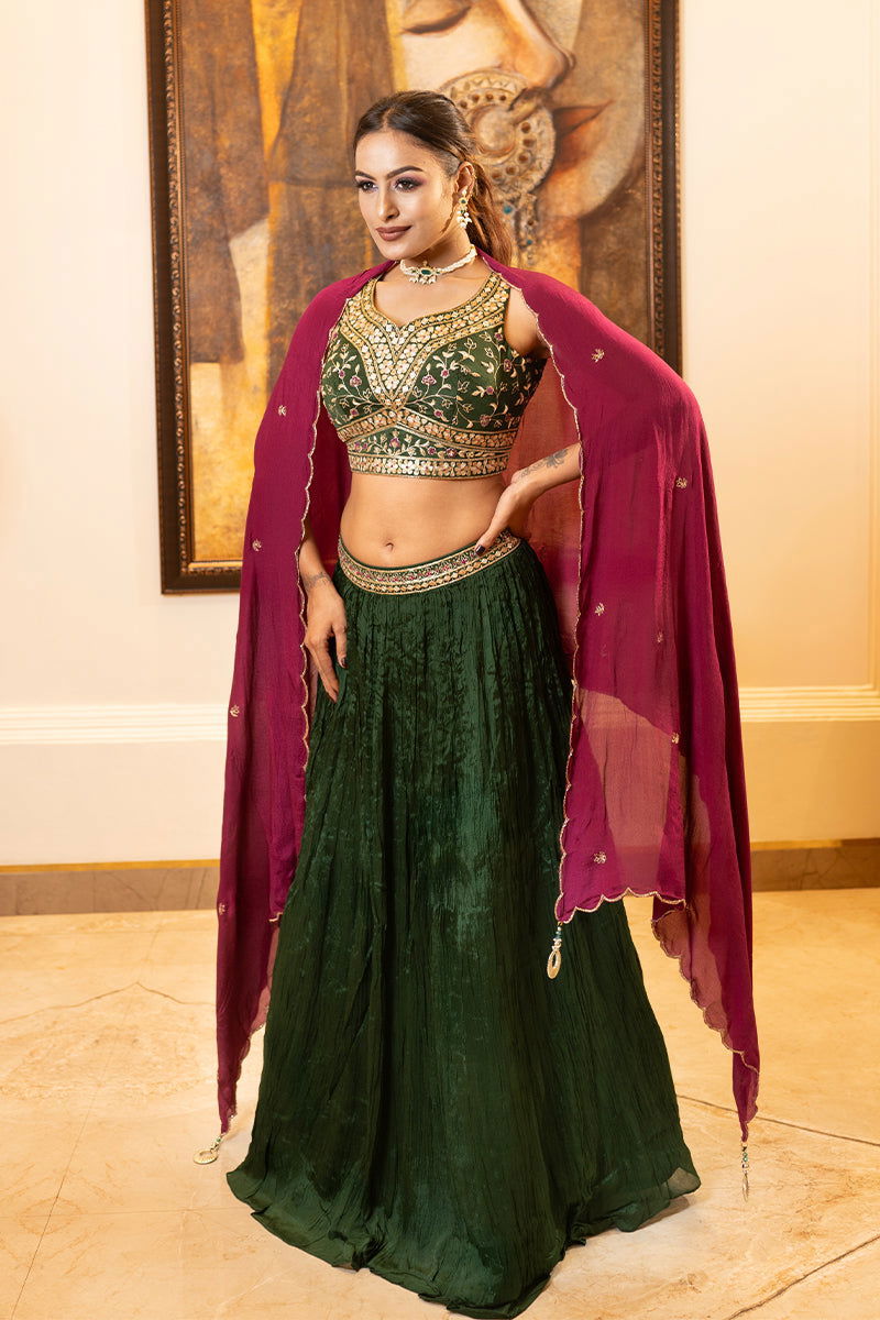 Bottle Green Skirt with Zardosi Crop Top and Contrast Purple Dupatta - Mayrake.in