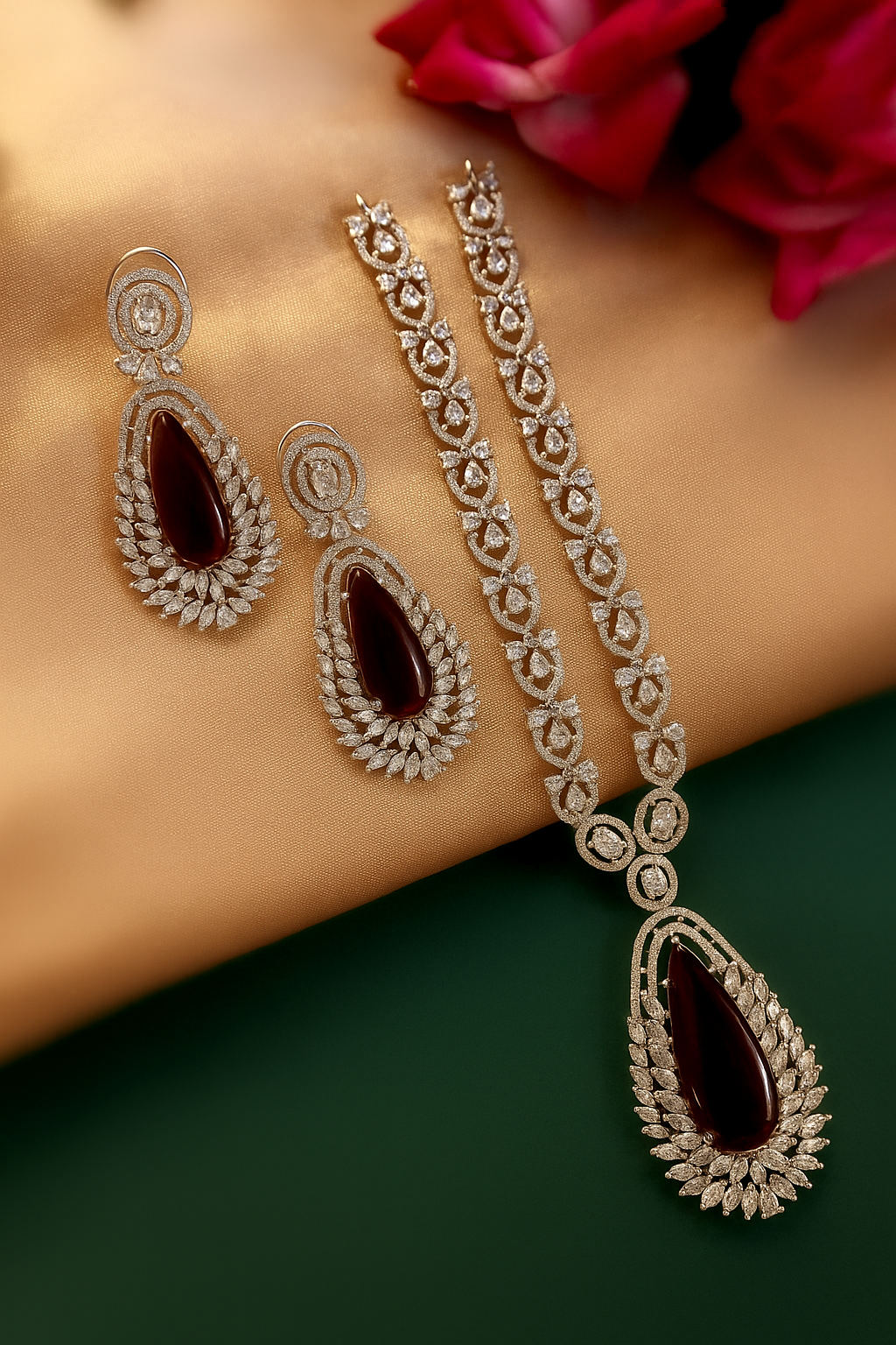 Purple Garnet American Diamond Tear Drop Earrings & Necklace Jewellery Set