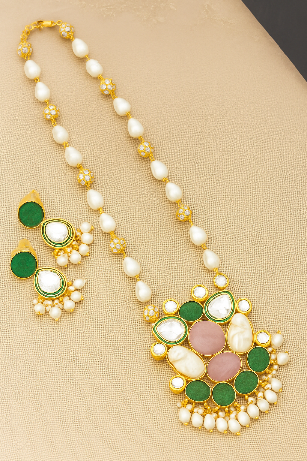 Elegant Long Pearl & Mother of Pearl Pink Stones Kundan Necklace Jewellery