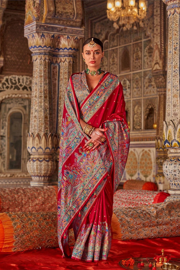 Cherry Red Raw Silk Saree with Heritage Prints