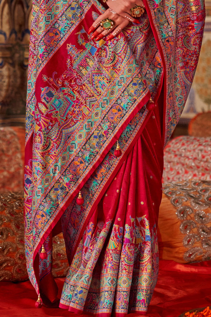 Cherry Red Raw Silk Saree with Heritage Prints - Mayrake.in