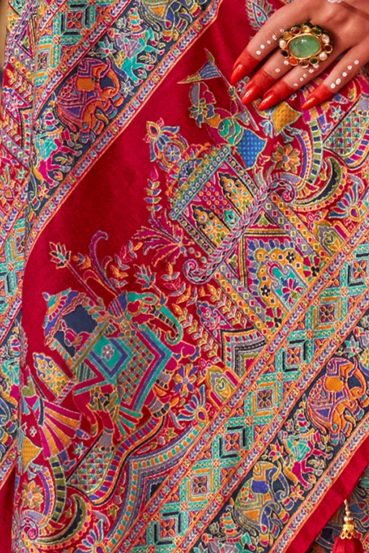 Cherry Red Raw Silk Saree with Heritage Prints - Mayrake.in