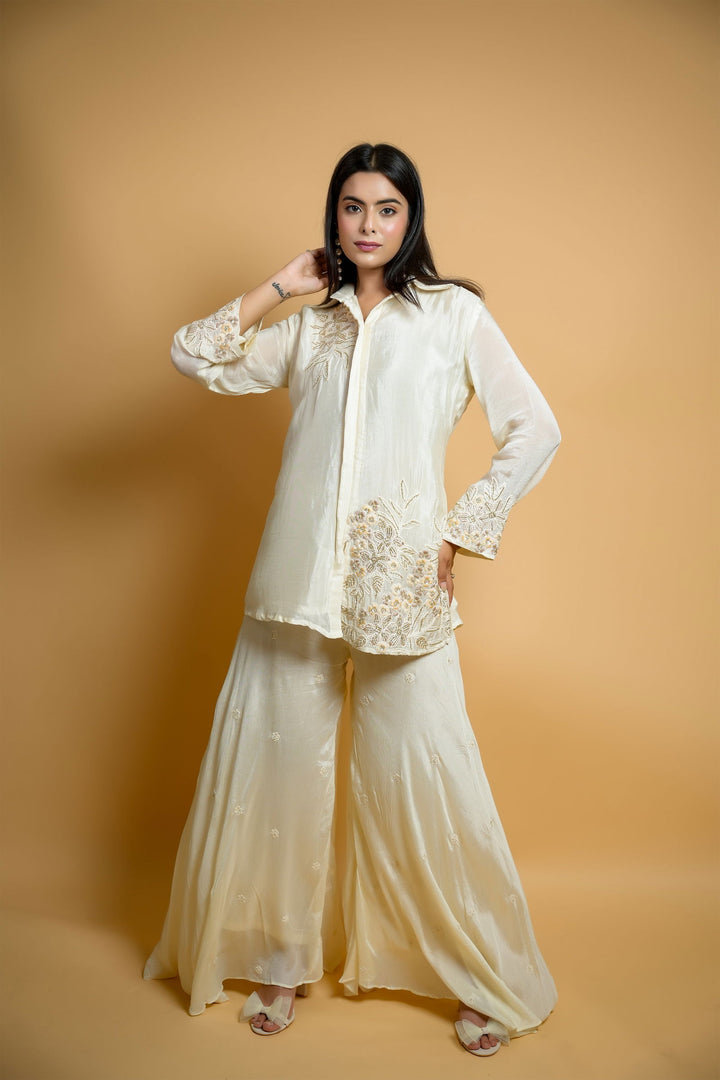 Classic Ivory Chiffon Shirt with Embroidered Patchwork and Flair Palazzo Pants - Mayrake
