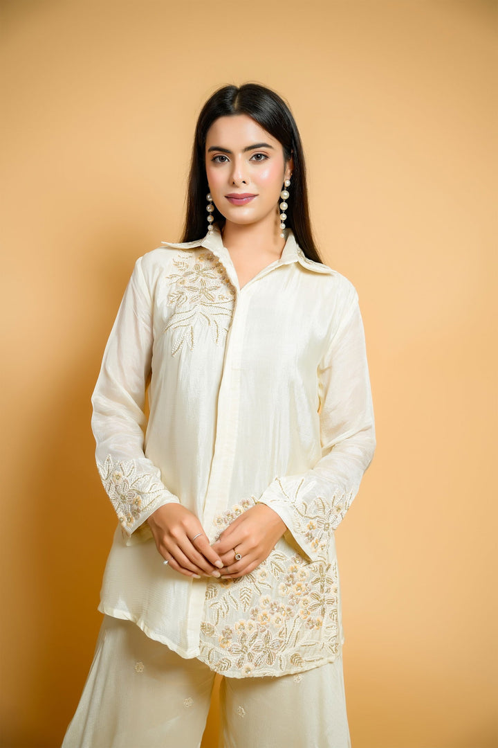 Classic Ivory Chiffon Shirt with Embroidered Patchwork and Flair Palazzo Pants - Mayrake