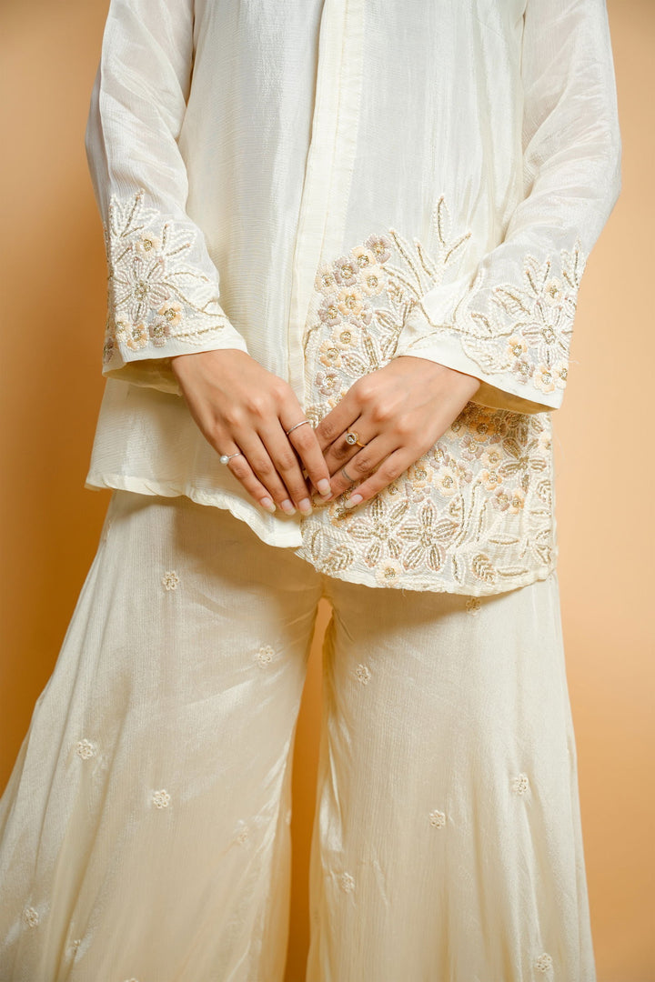 Classic Ivory Chiffon Shirt with Embroidered Patchwork and Flair Palazzo Pants - Mayrake