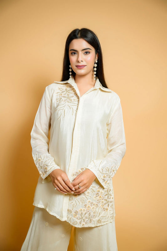 Classic Ivory Chiffon Shirt with Embroidered Patchwork and Flair Palazzo Pants - Mayrake.in