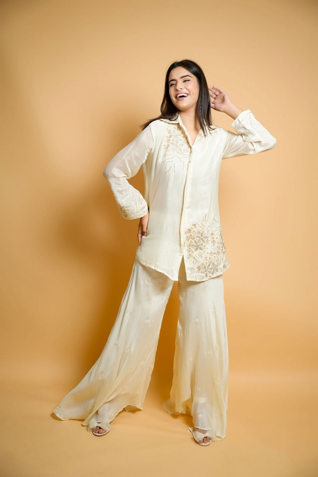 Classic Ivory Chiffon Shirt with Embroidered Patchwork and Flair Palazzo Pants - Mayrake.in