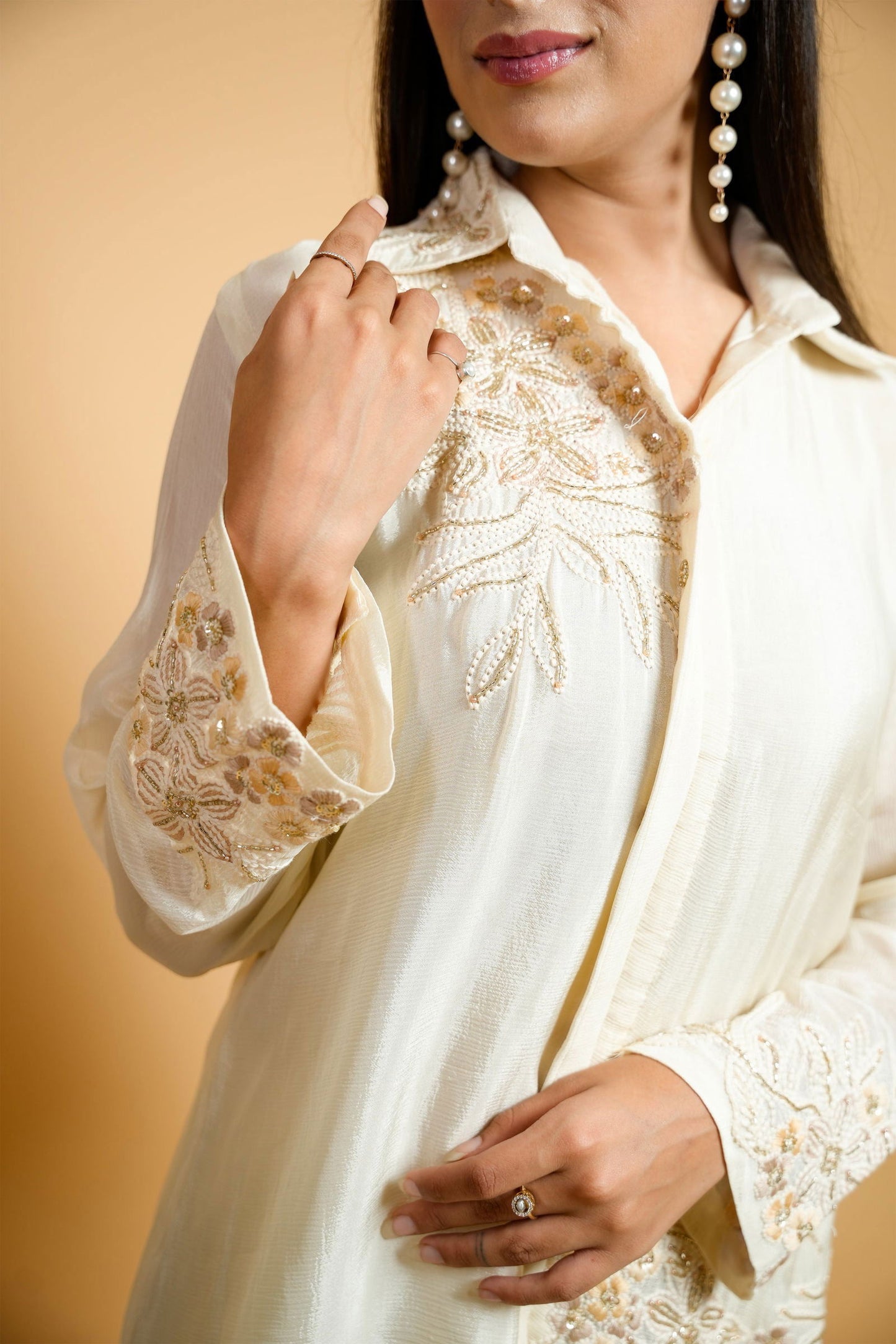 Classic Ivory Chiffon Shirt with Embroidered Patchwork and Flair Palazzo Pants - Mayrake.in