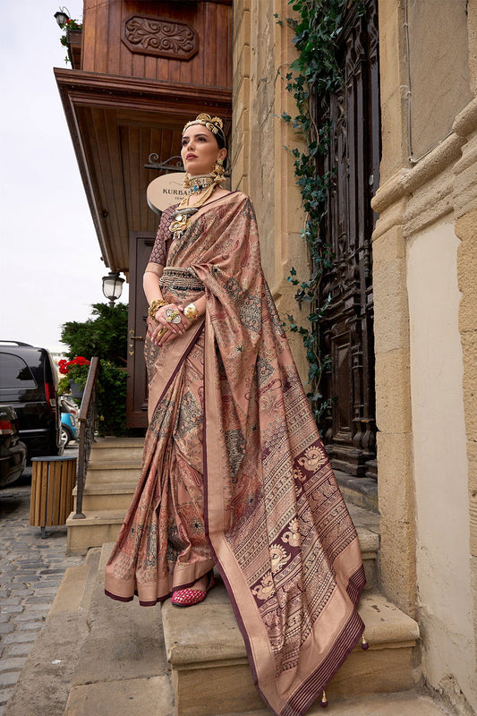 Coffee Brown Raw Silk Saree with Floral Motifs - Mayrake.in