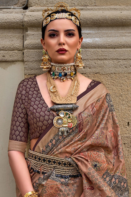 Coffee Brown Raw Silk Saree with Floral Motifs - Mayrake.in