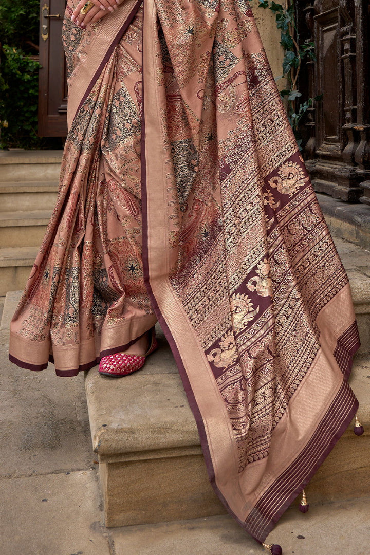 Coffee Brown Raw Silk Saree with Floral Motifs - Mayrake.in