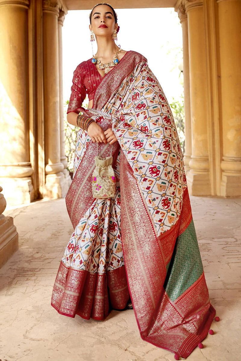 Cream-Red Viscose Silk Saree with Printed Patola Design - Mayrake.in