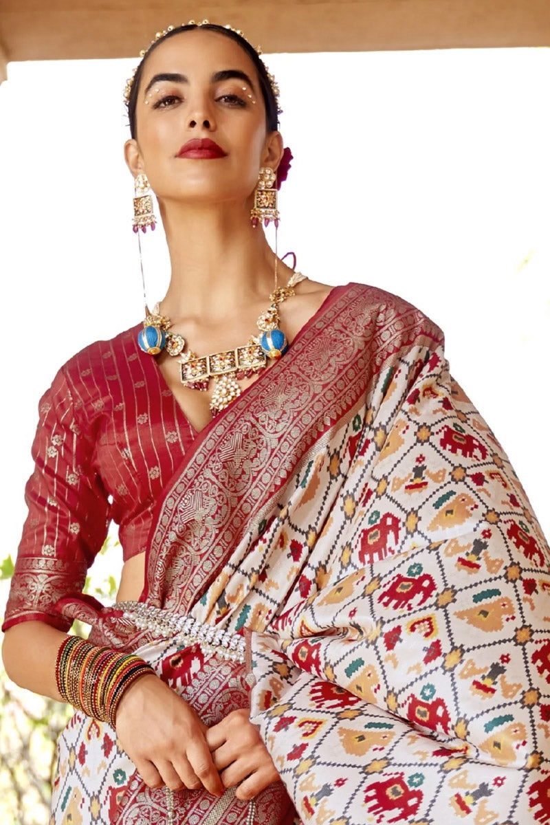 Cream-Red Viscose Silk Saree with Printed Patola Design - Mayrake.in