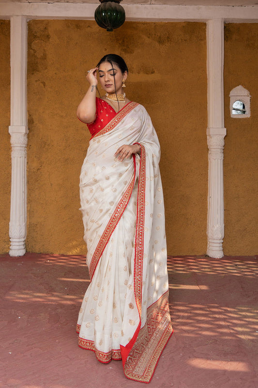 Cream Silk Saree with Golden Buti Work and Rich Red Zari Border - Mayrake.in