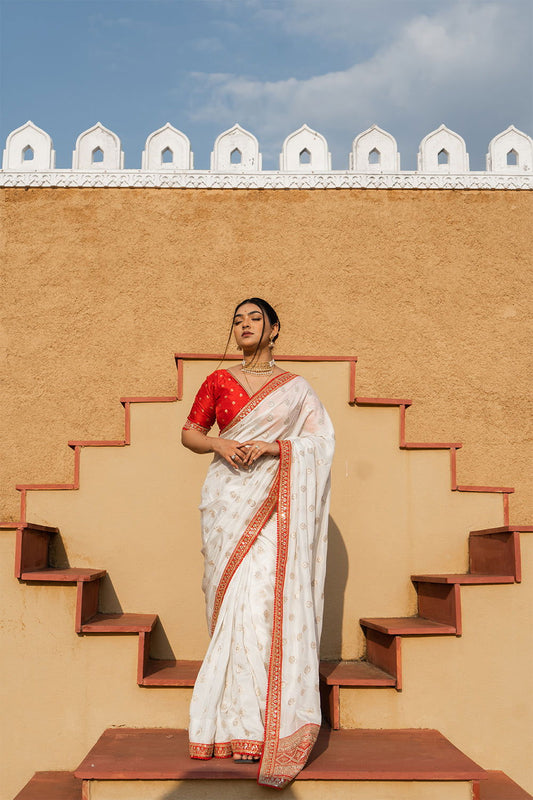 Cream Silk Saree with Golden Buti Work and Rich Red Zari Border - Mayrake.in