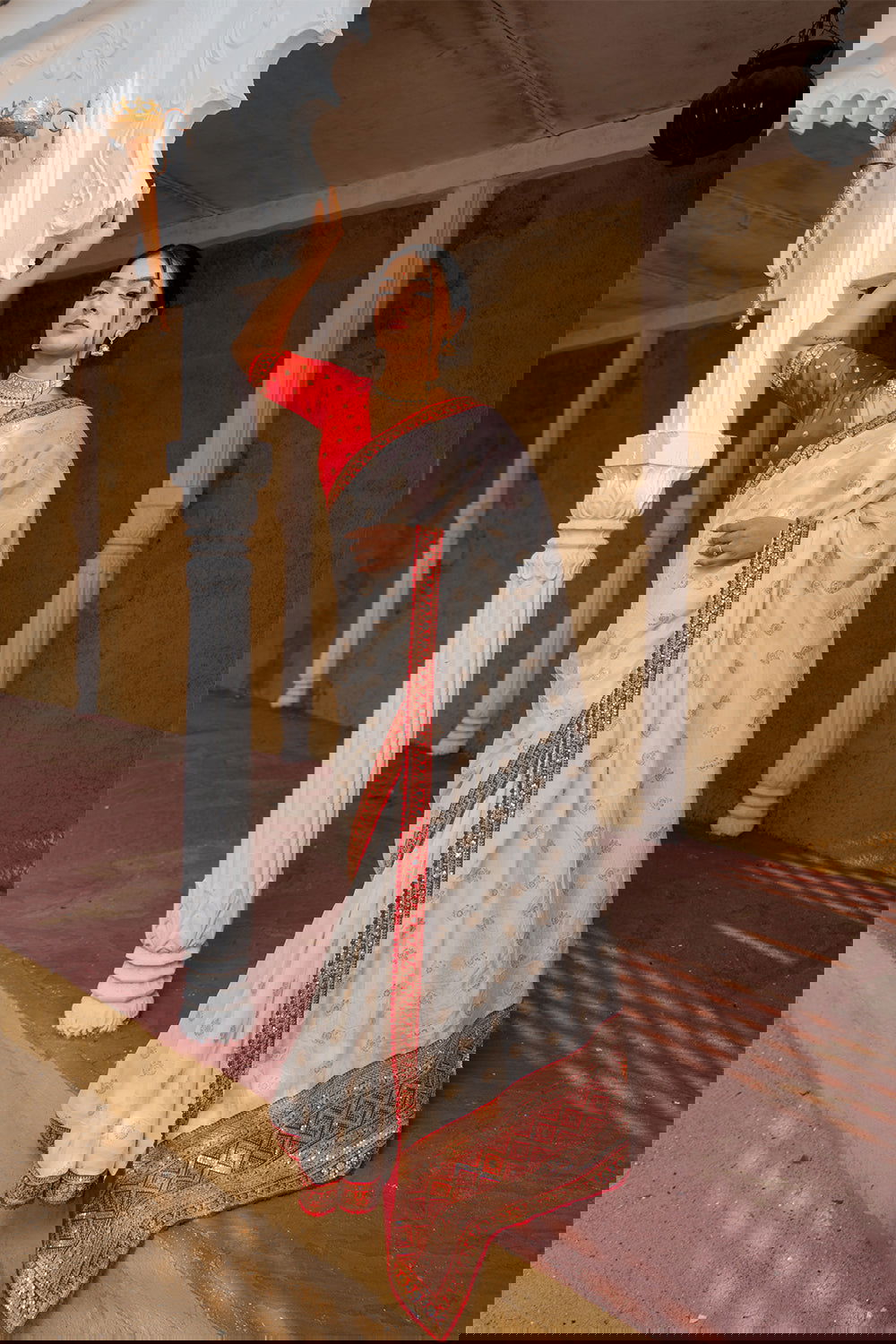 Cream Silk Saree with Golden Buti Work and Rich Red Zari Border - Mayrake.in