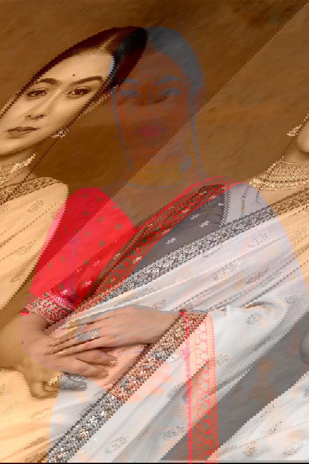 Cream Silk Saree with Golden Buti Work and Rich Red Zari Border - Mayrake.in