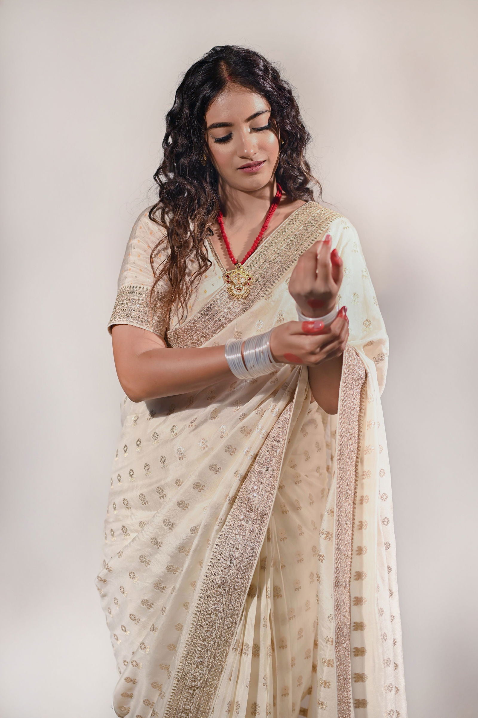 Cream Silk Saree with Golden Buti Work and Rich Zari Border - Mayrake.in