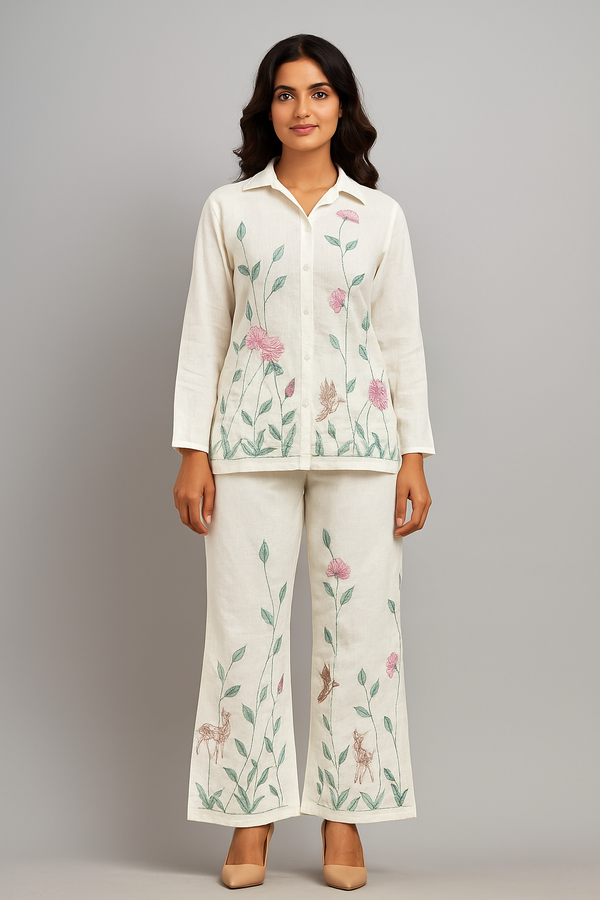 Cream White Cord Set with Green and Pink Color Embroidery - Mayrake.in