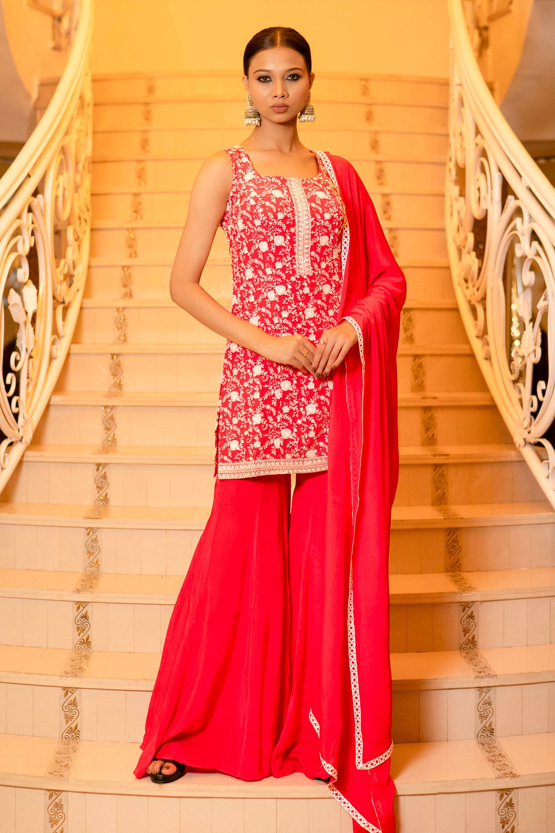 Crimson Red Pink Chiffon Chikankari Crepe Kurta and Palazzo Sets - Mayrake.in