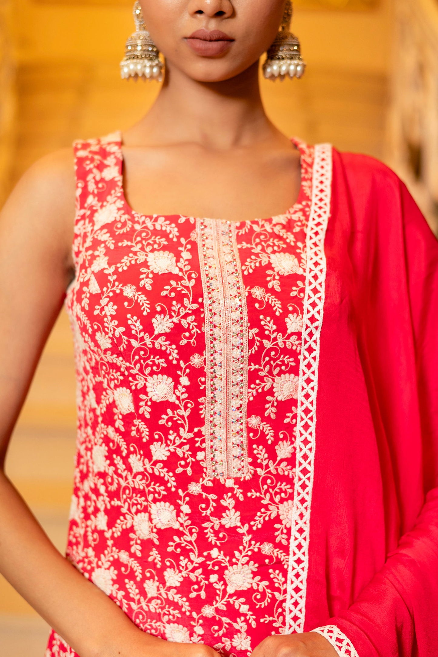 Crimson Red Pink Chiffon Chikankari Crepe Kurta and Palazzo Sets - Mayrake.in