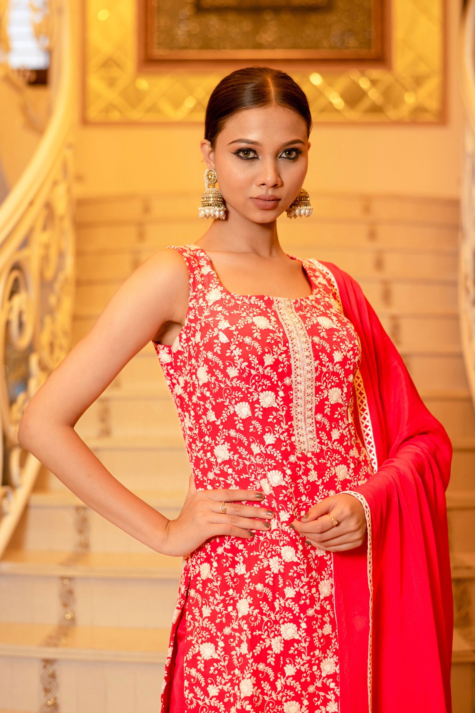 Crimson Red Pink Chiffon Chikankari Crepe Kurta and Palazzo Sets - Mayrake.in