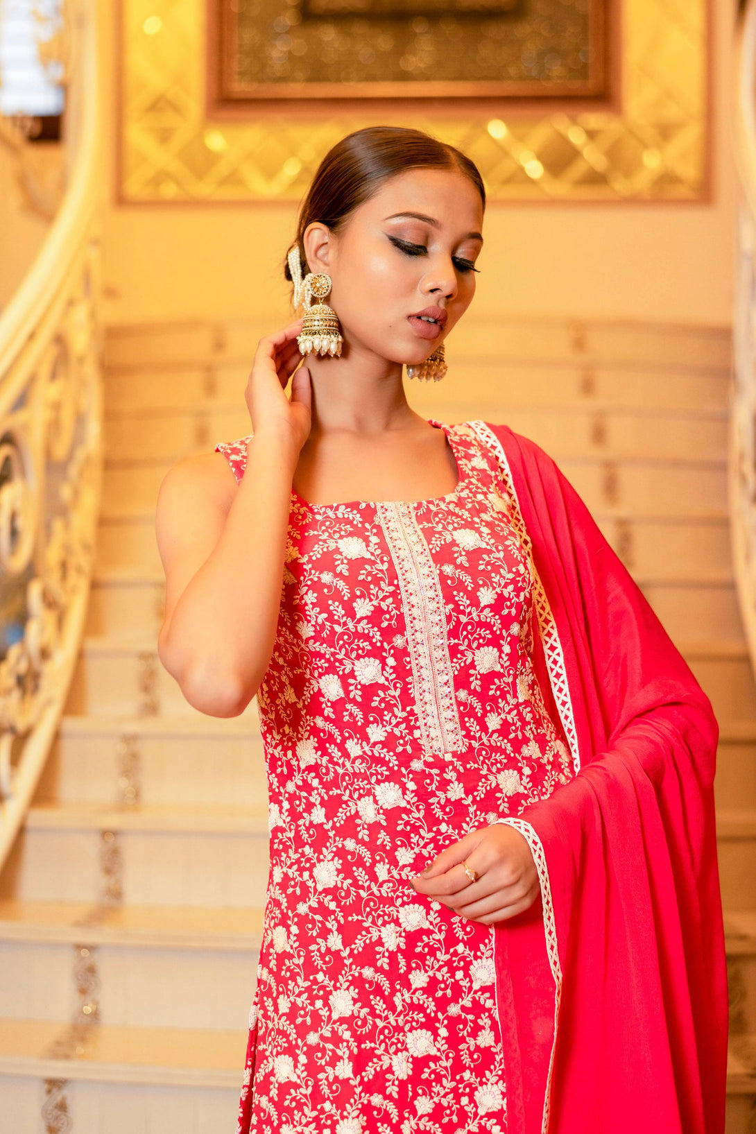 Crimson Red Pink Chiffon Chikankari Crepe Kurta and Palazzo Sets - Mayrake.in