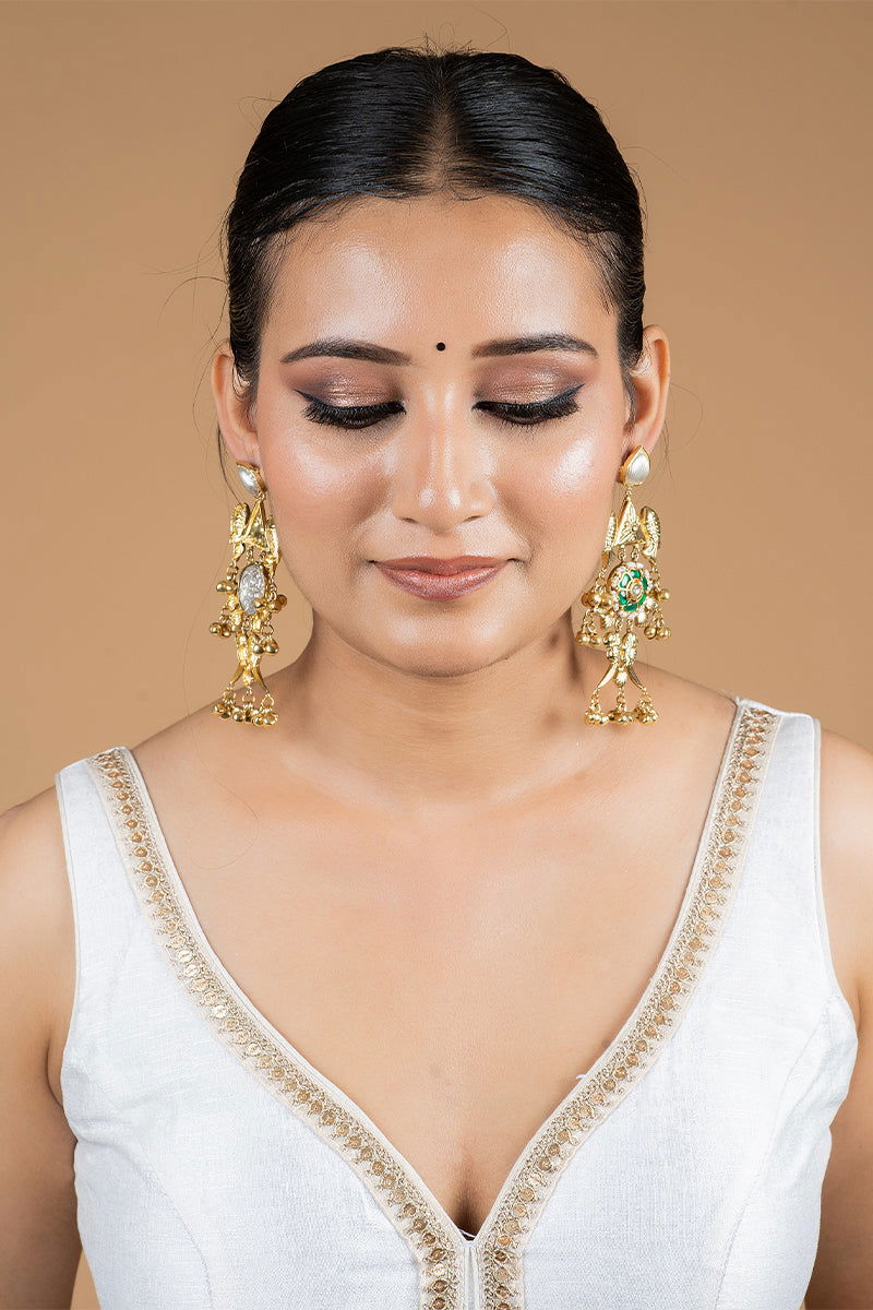 Dangler Earrings with Kundan Work and Pearls in Mixed Metal - Mayrake.in