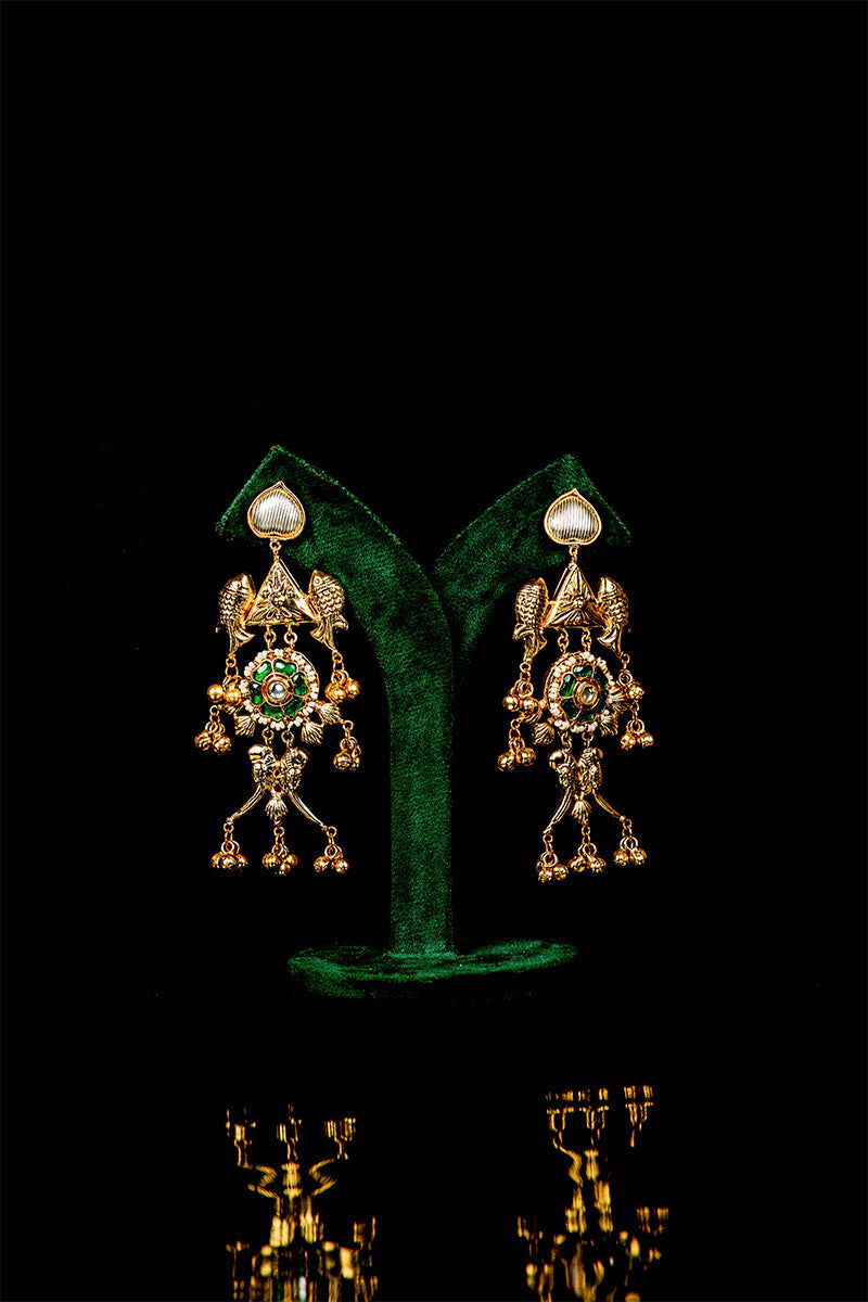 Dangler Earrings with Kundan Work and Pearls in Mixed Metal - Mayrake.in