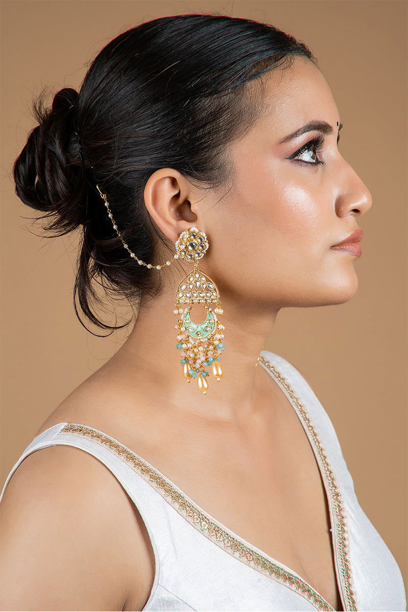 Dangler Earrings with Kundan Work and Pearls in Mixed Metal - Mayrake.in