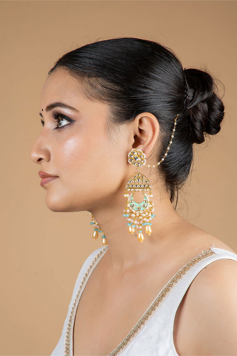Dangler Earrings with Kundan Work and Pearls in Mixed Metal - Mayrake.in