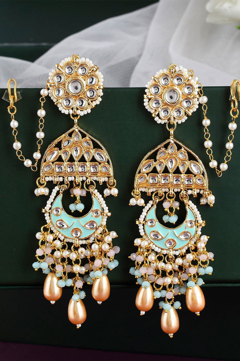 Dangler Earrings with Kundan Work and Pearls in Mixed Metal - Mayrake.in