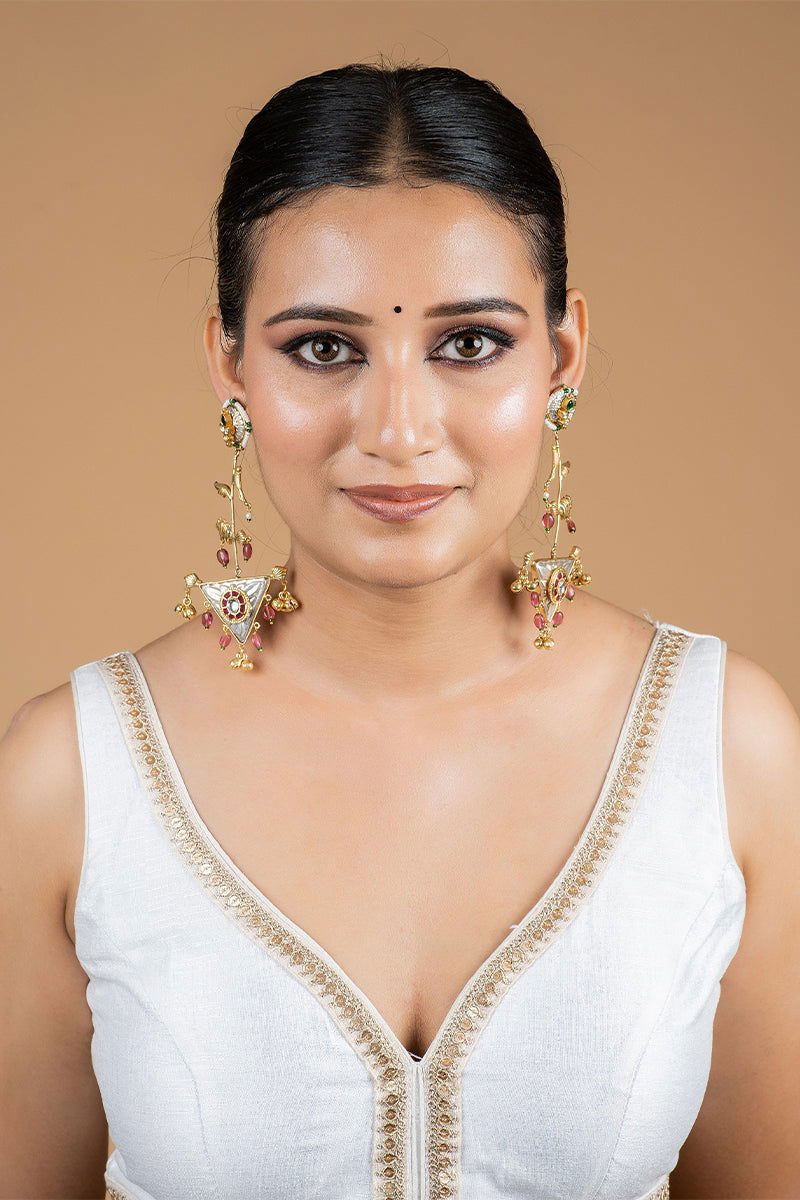 Dangler Earrings with Kundan Work and Pearls in Mixed Metal - Mayrake.in
