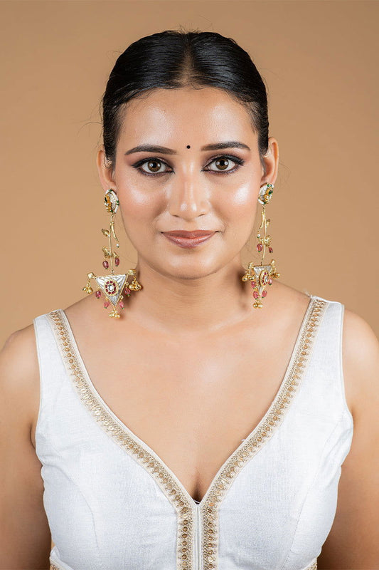 Dangler Earrings with Kundan Work and Pearls in Mixed Metal - Mayrake.in