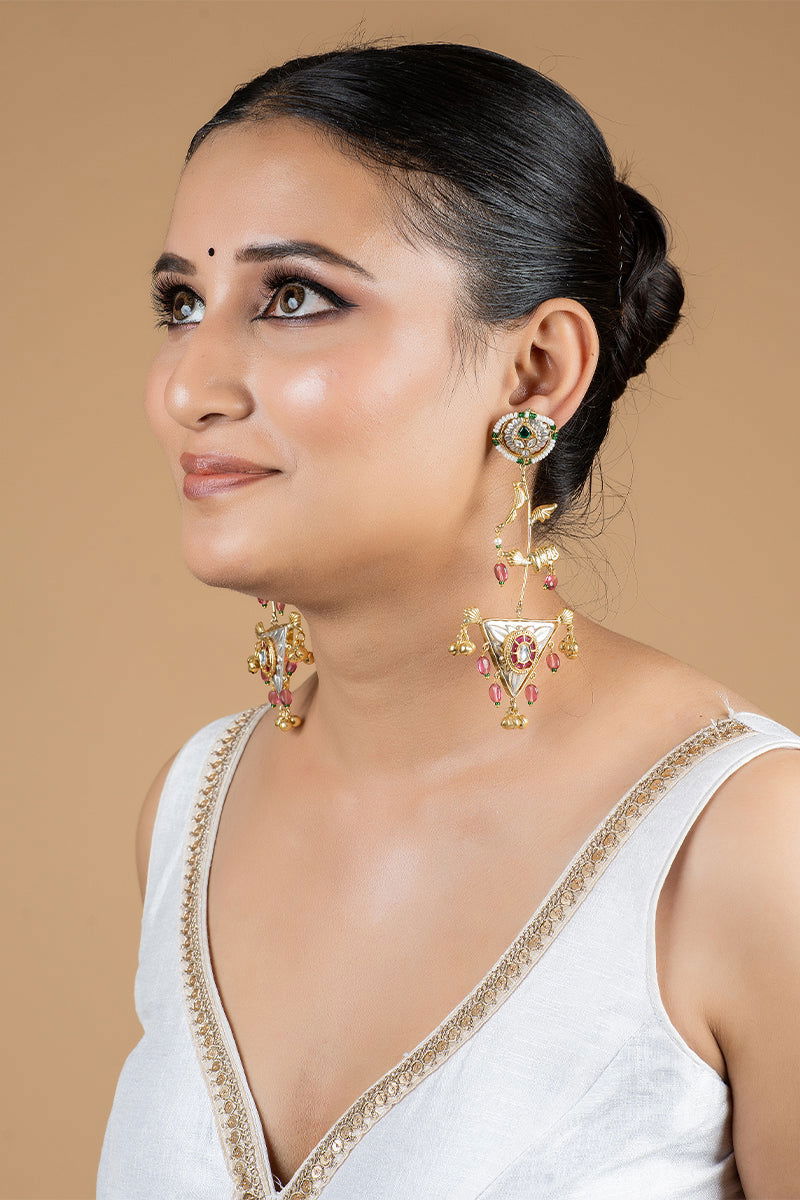 Dangler Earrings with Kundan Work and Pearls in Mixed Metal - Mayrake.in