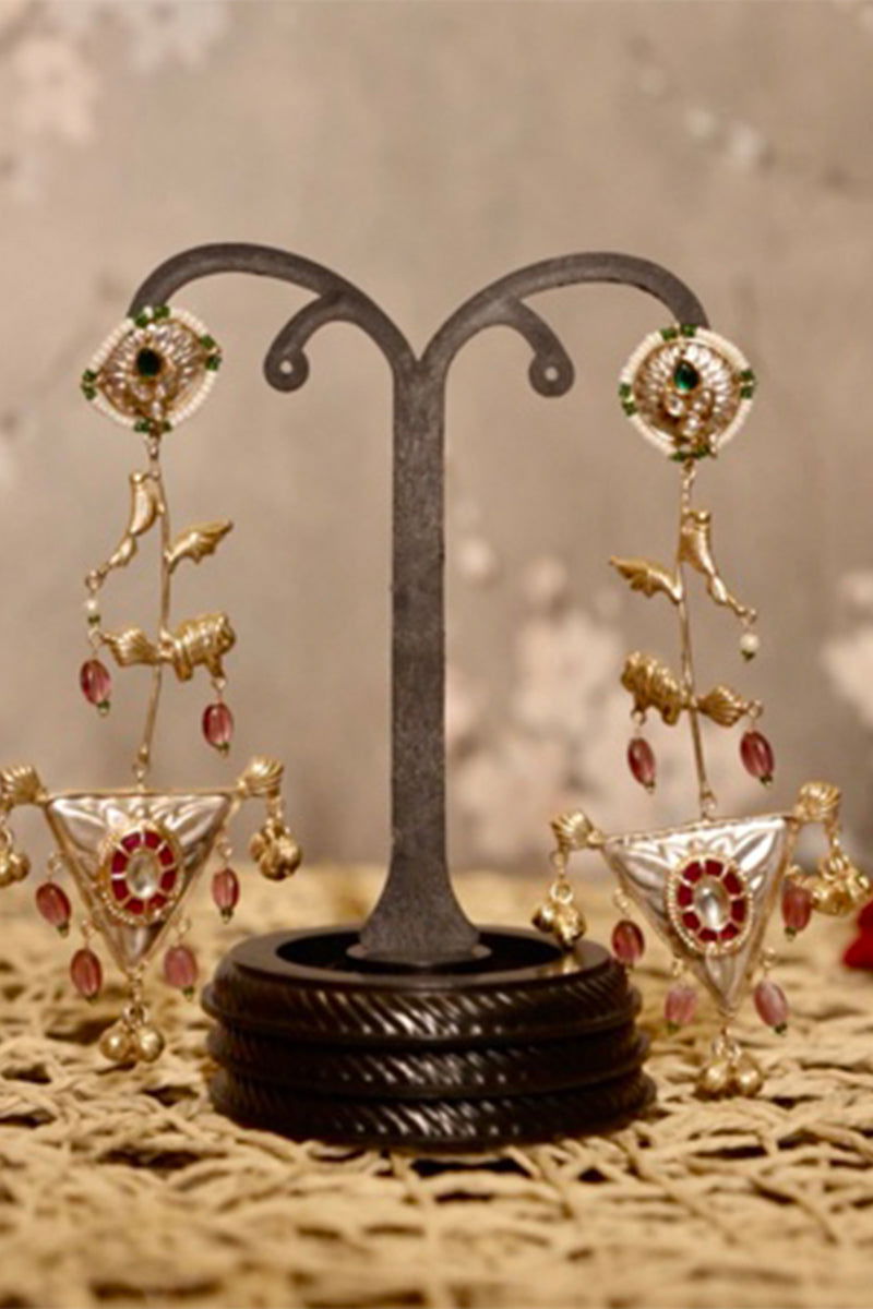 Dangler Earrings with Kundan Work and Pearls in Mixed Metal - Mayrake.in