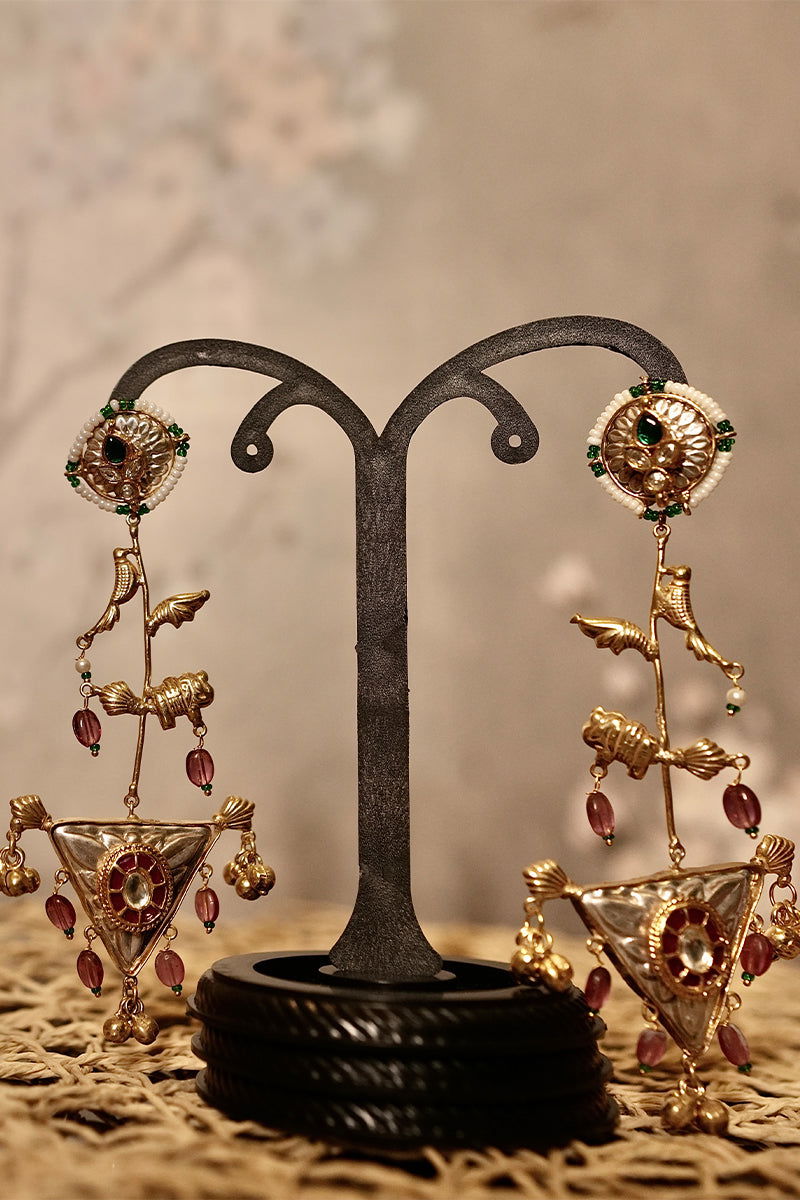 Dangler Earrings with Kundan Work and Pearls in Mixed Metal - Mayrake.in