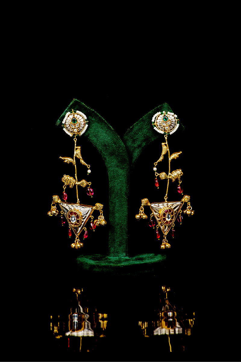Dangler Earrings with Kundan Work and Pearls in Mixed Metal - Mayrake.in
