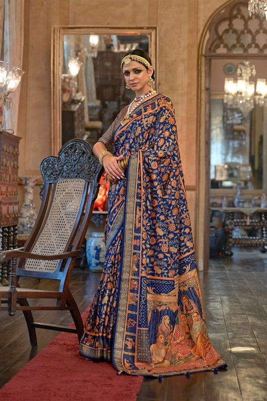 Dark Blue Raw Silk Saree with Ethnic Heritage Prints - Mayrake.in
